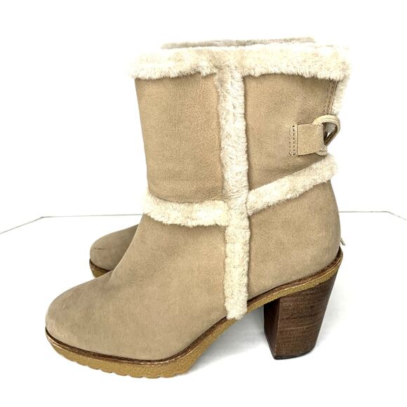 Frye Jen Shearling Short suede snow winter boots block heel beige women's size 7 - Picture 2 of 8